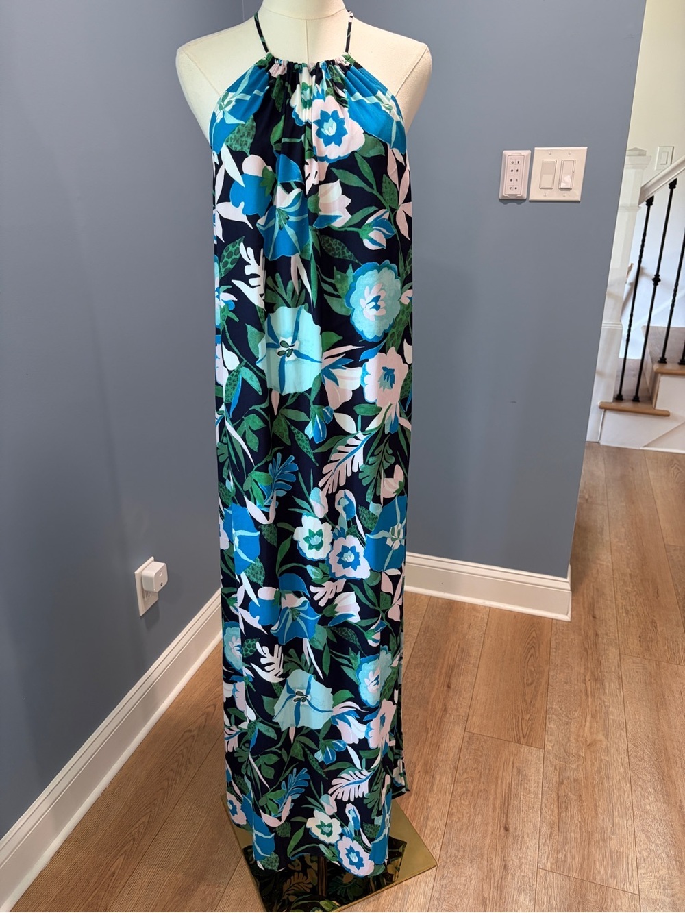 LOFT Floral Halter Maxi Dress Medium Blue Tropical Sleeveless Tie Neck